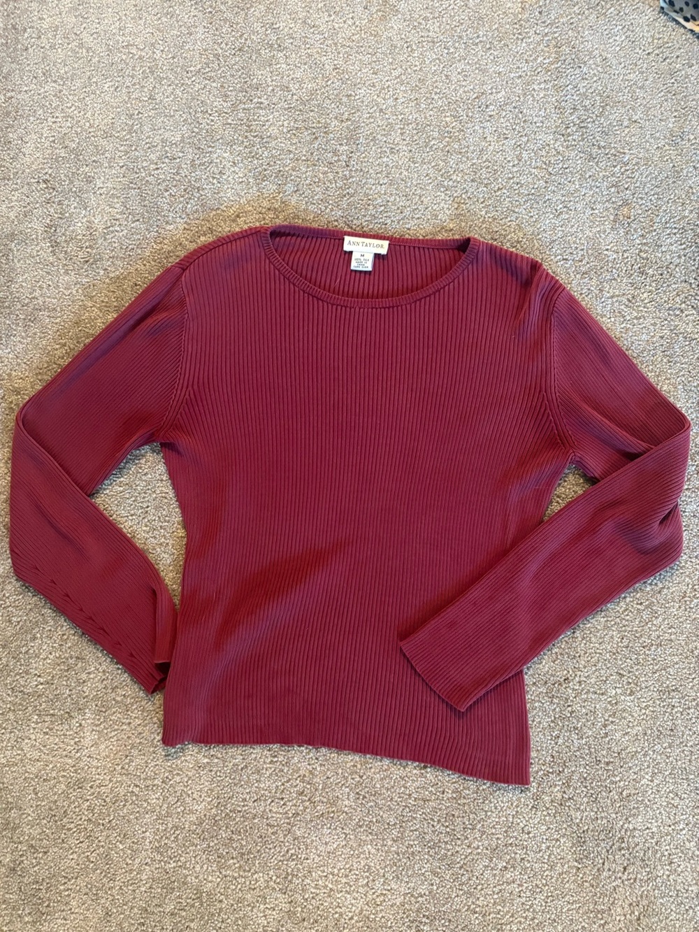 Ann Taylor Ribbed Silk Scoop Neck Top - Burgundy